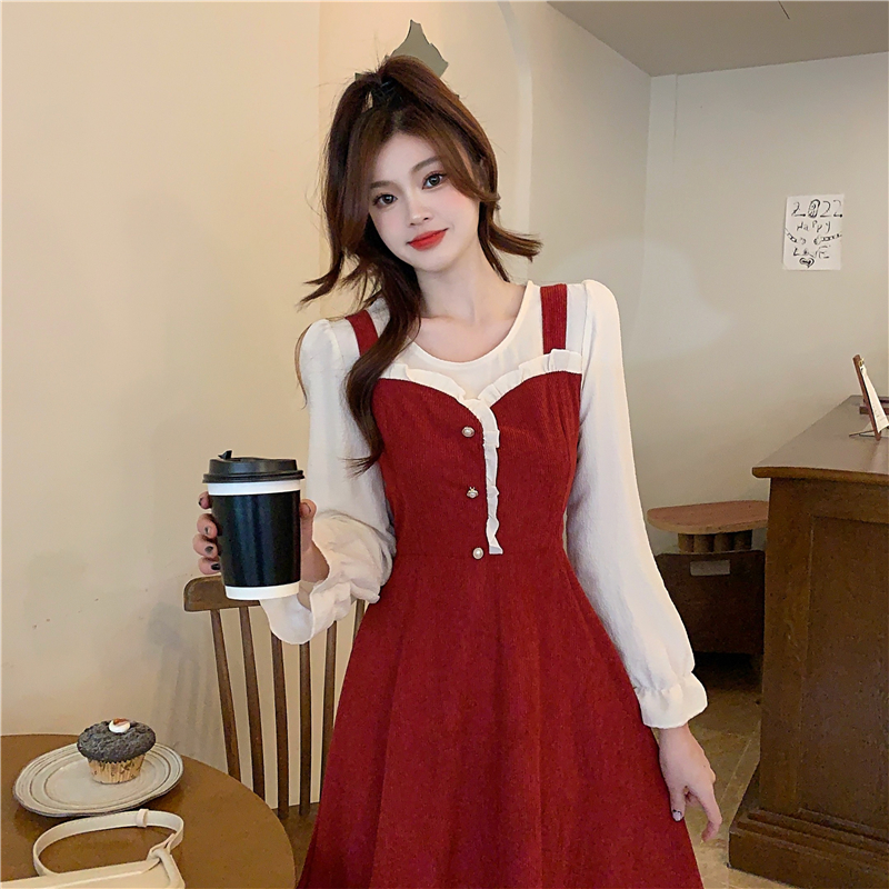 Real shot #Hepburn style fake two-piece splicing dress for women autumn and winter new style high-end temperament slimming skirt