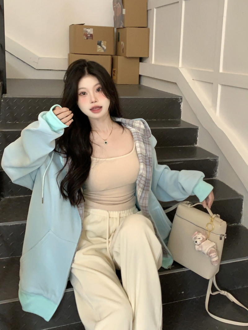 實拍  百搭加絨連帽衛衣女春秋款拉鏈寬鬆加厚慵懶外套