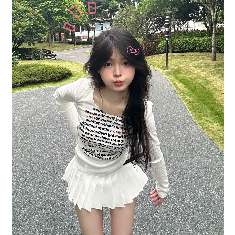 2023# 美式辣妹長袖t恤女新款小眾短款上衣