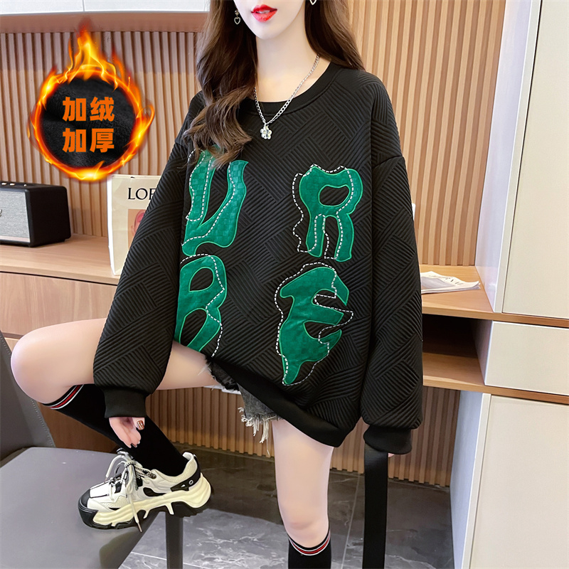 實拍 冬季新款韓版寬鬆420克提花複合貼布中長款大碼加絨衛衣女