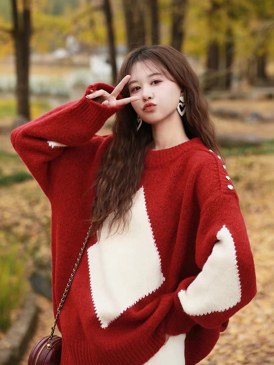 秋冬慵懶風聖誕紅色寬鬆套頭毛衣女2023年新款洋氣大版針織衫上衣