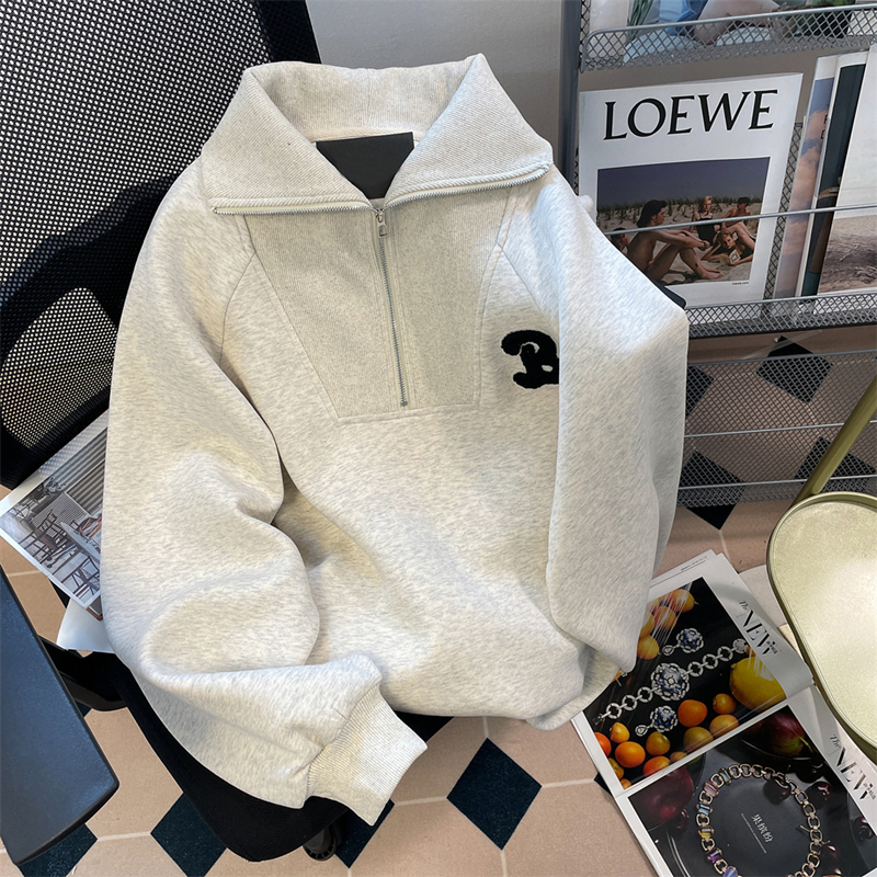 灰色polo領衛衣女春秋2023年新款寬鬆加絨加厚美式復古小個子上衣