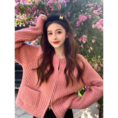 Korean style zipper sweater jacket for women spring and autumn  new style knitted cardigan thickened top with high-end feel