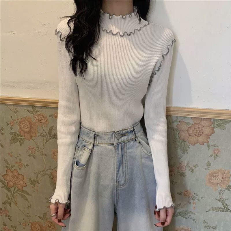 Western style half-high collar half-high collar slim long-sleeved sweater for women 2023 spring and autumn curled short top