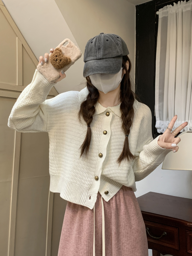 實拍~秋冬新款韓版復古翻領寬鬆慵懶風長袖毛衣開衫