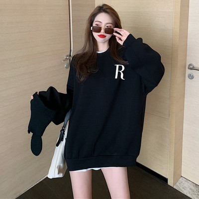 秋季休閒洋氣chic簡約字母衛衣女寬鬆韓版長袖百搭中長款套頭上衣