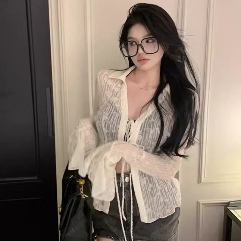 黑色薄款防曬雪紡襯衫女裝秋季2023新款透視系帶收腰修身顯瘦上衣
