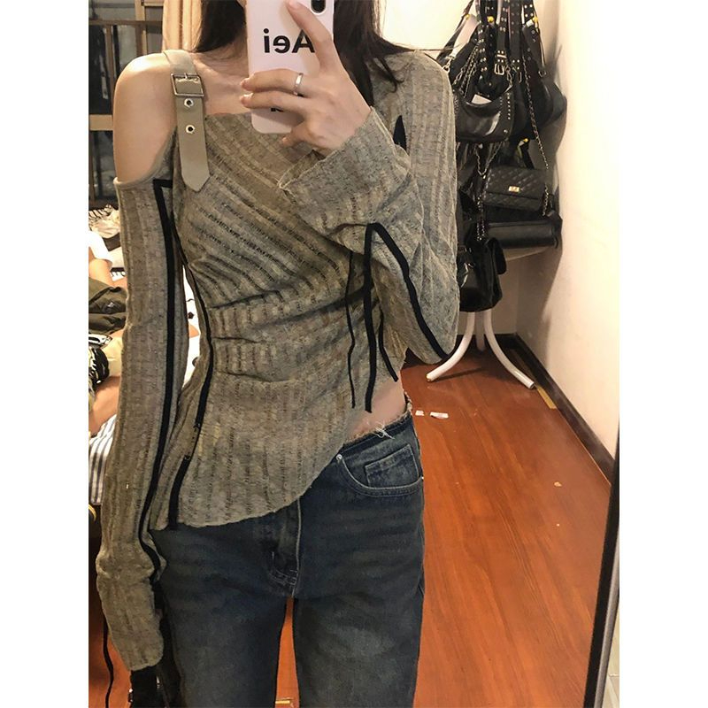 不規則露肩T恤女早秋新款修身打底衫小眾設計高級感別致長袖