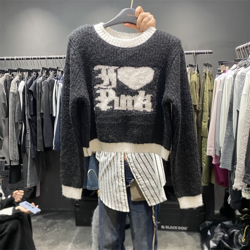 MENGX2023 Autumn Korean style fun embroidered letters love contrast color round neck loose long sleeve pullover sweater for women