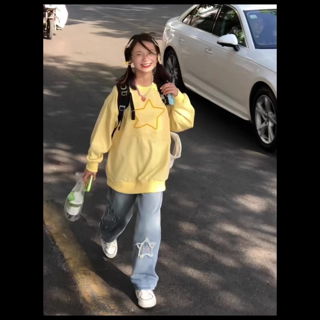 Yellow sweatshirt for women spring and autumn round neck oversize lazy style 2023 new dopamine long-sleeved top