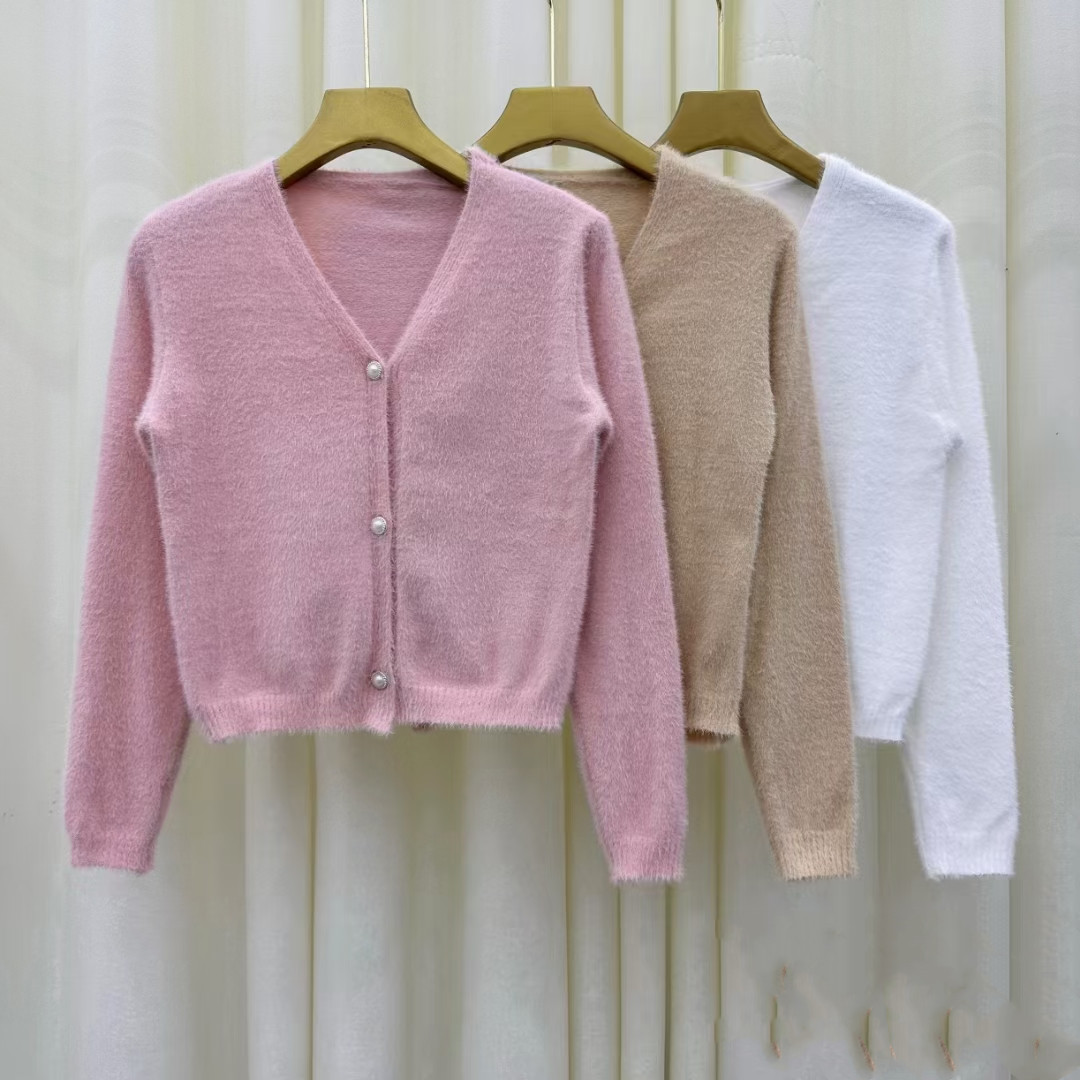 New mink velvet sweater cardigan for women 2023 autumn and winter lazy high-end stitching V-neck top short small coat