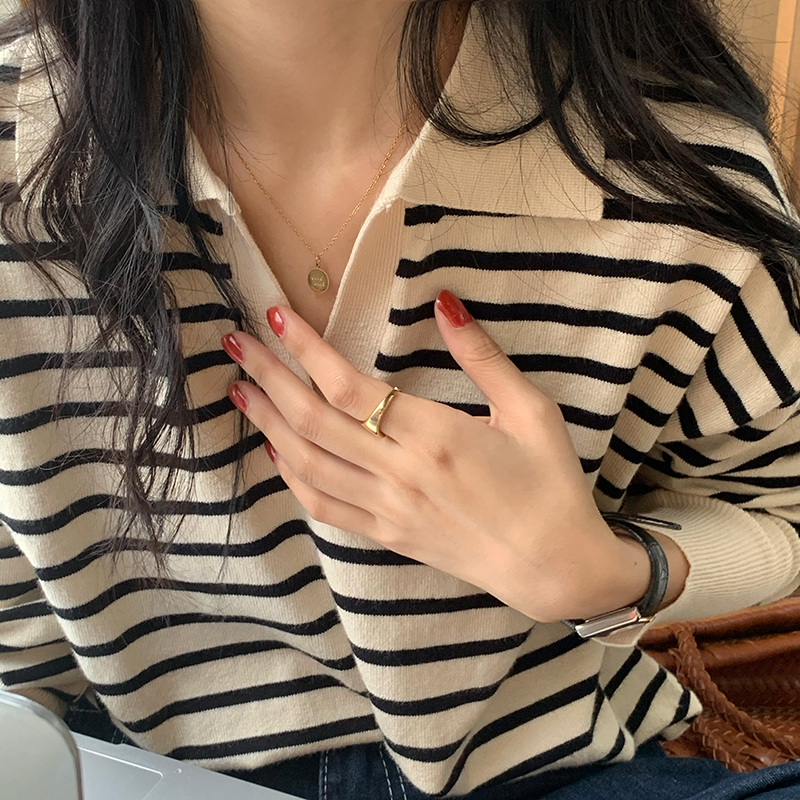 韓版V領條紋撞色女2023秋冬新款POLO領短款套頭蝙蝠袖毛衣冰爽絲