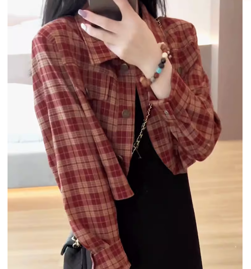 秋季短款復古格子襯衫外套女春秋款2023年新款氣質高級感長袖上衣