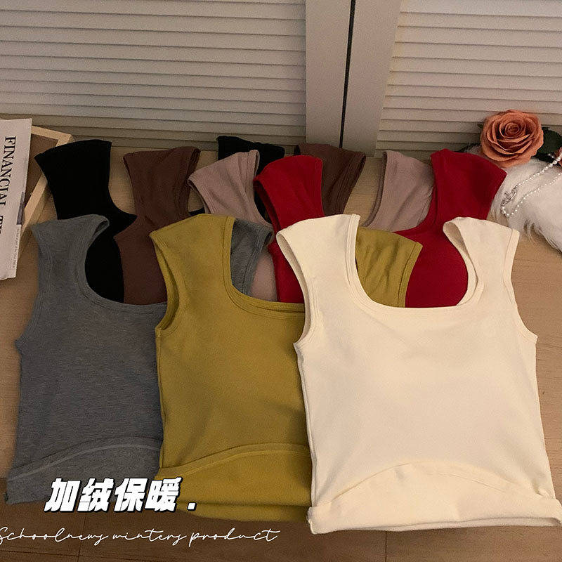 實拍 加絨加厚保暖吊帶秋冬純色內搭修身顯瘦百搭帶胸墊背心