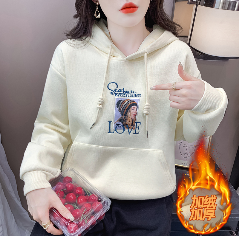 加絨加厚連帽衛衣女2023冬季新款美式街頭復古字母刺繡上衣ins潮