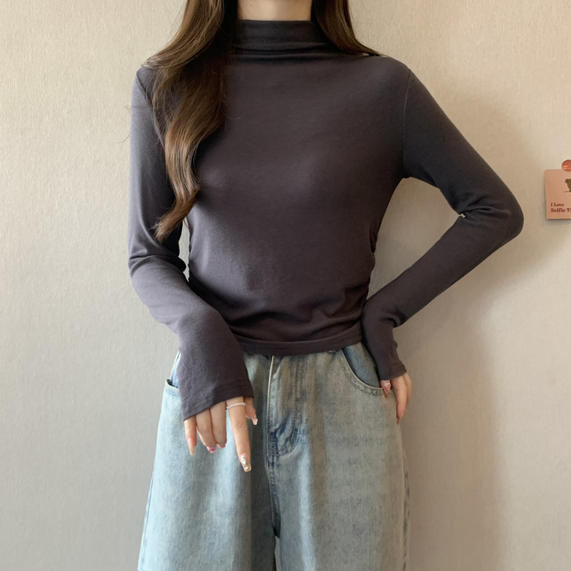 Real shot of large size autumn and winter semi-turtle collar solid color bottoming shirt niche pleated covering the flesh and slimming long-sleeved T-shirt
