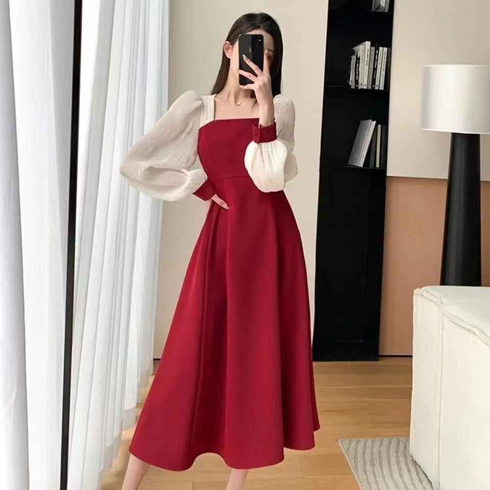 Plus size women's autumn new retro elastic high waist square neck dress super fairy temperament gentle slimming long skirt