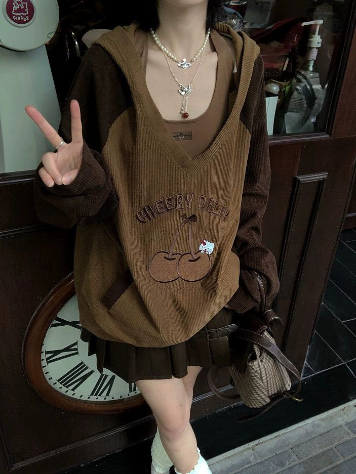 燈芯絨複合牛奶絲連帽衛衣+彈力背心不會偏大