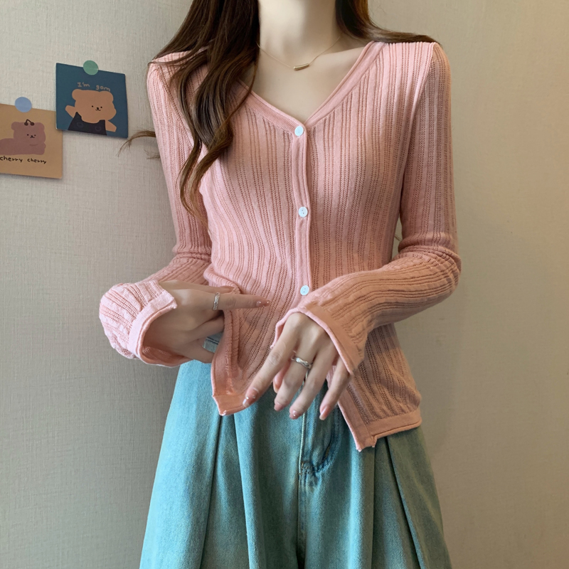實拍 早秋新款~韓系慵懶感針織開衫設計感V領開衩長袖上衣女