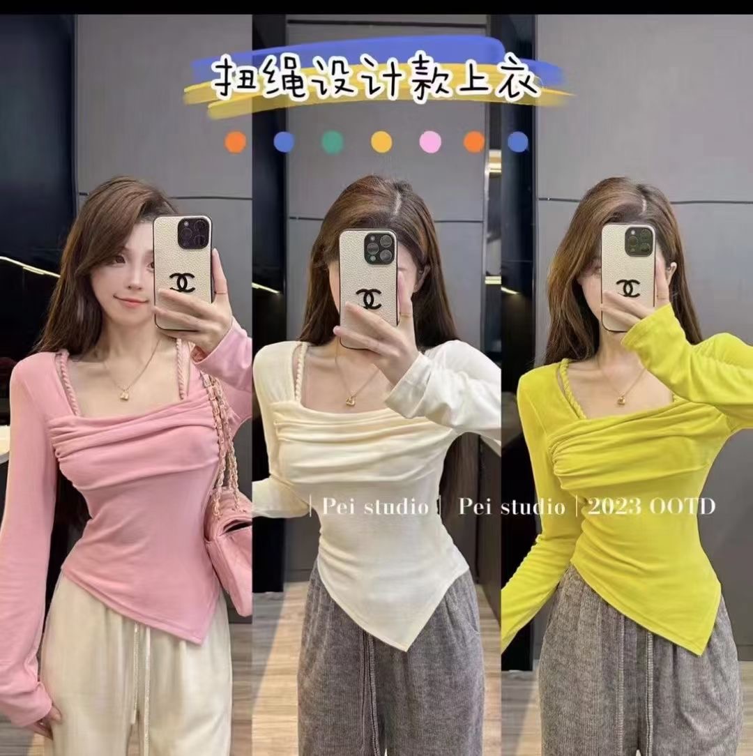 European design niche irregular long-sleeved T-shirt for women in autumn, versatile and stylish, age-reducing and slimming tops and bottoming shirts