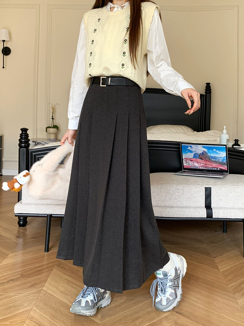 實拍 2023秋冬新款毛呢半身裙女高腰A字裙子百褶長裙贈腰帶