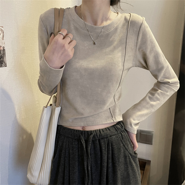 實拍線條設計感洋氣正肩t恤女短款美式加絨磨毛加厚上衣