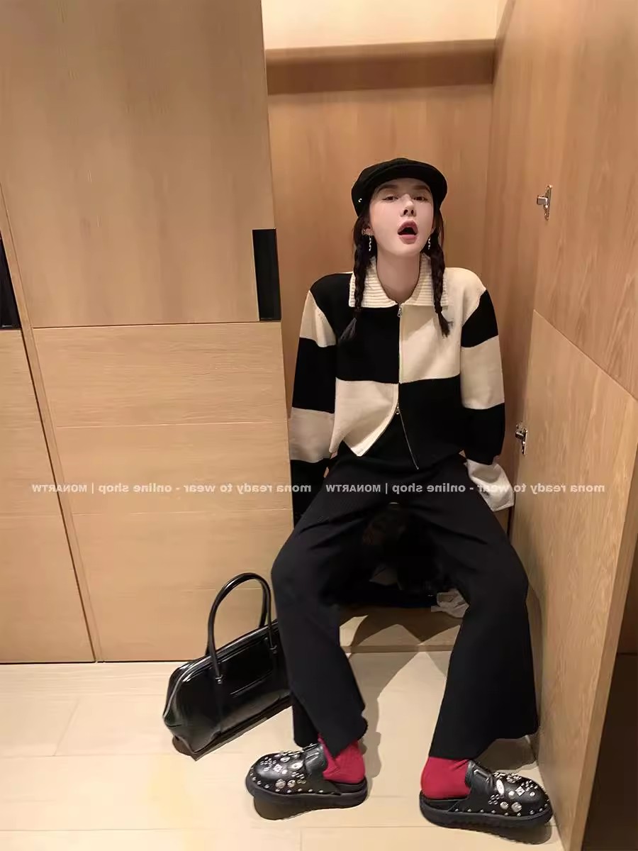 Contrast color checkerboard polo collar sweater for women, loose zipper design top, vitality, versatile and fashionable cardigan