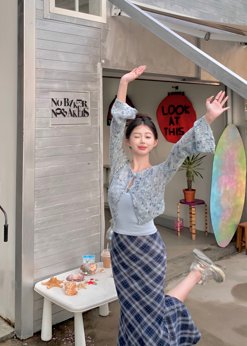 Real shot of colorful yarn hollow knitted cardigan hot girl trumpet long-sleeved top + Hong Kong style retro plaid skirt