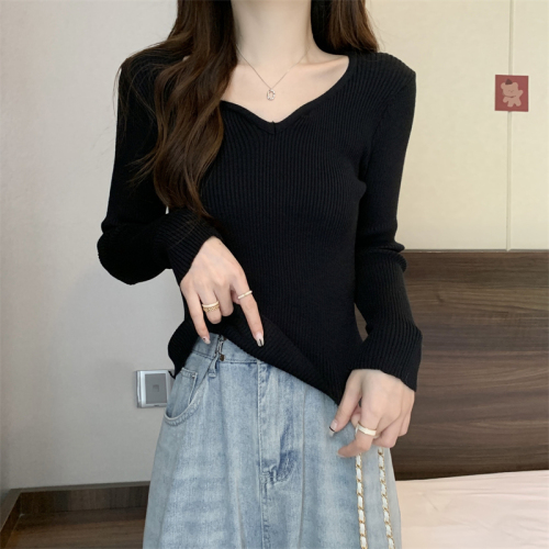 Core-spun yarn autumn and winter new versatile slimming V-neck stretch bottoming shirt long-sleeved T-shirt