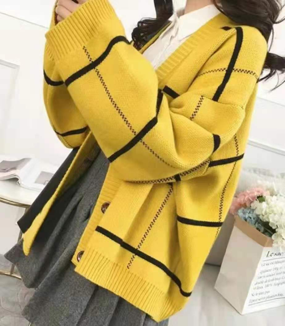 慵懶風短款格子針織開衫女長袖2023春秋新款韓版寬鬆V領毛衣外套