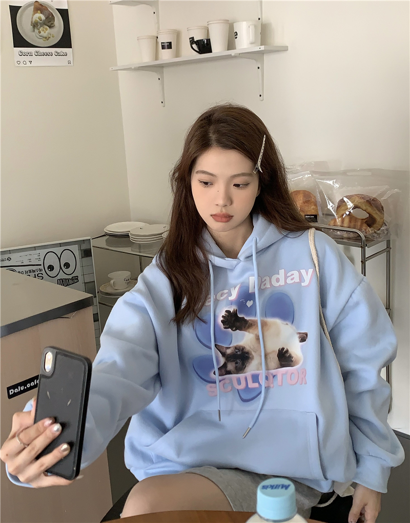 實拍~韓系鬼馬少女童趣貓咪印花寬鬆連帽加絨衛衣
