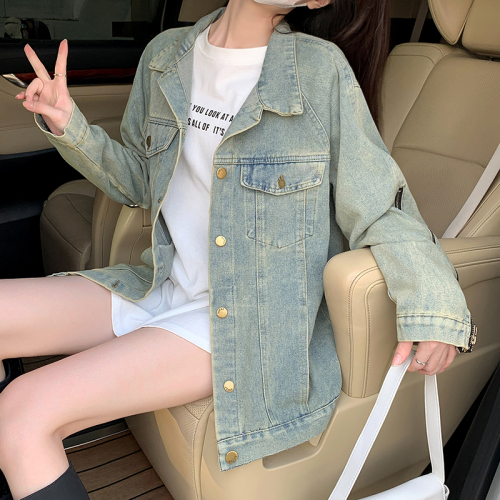 Real shot ~ Retro long-sleeved denim jacket for women  new design niche zipper BF loose top