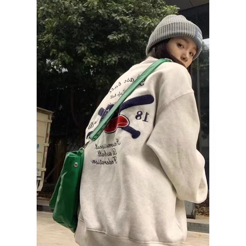 大碼女裝毛巾繡華棉複合牛奶絲+銀狐絨美式復古卡通寬鬆女衛衣