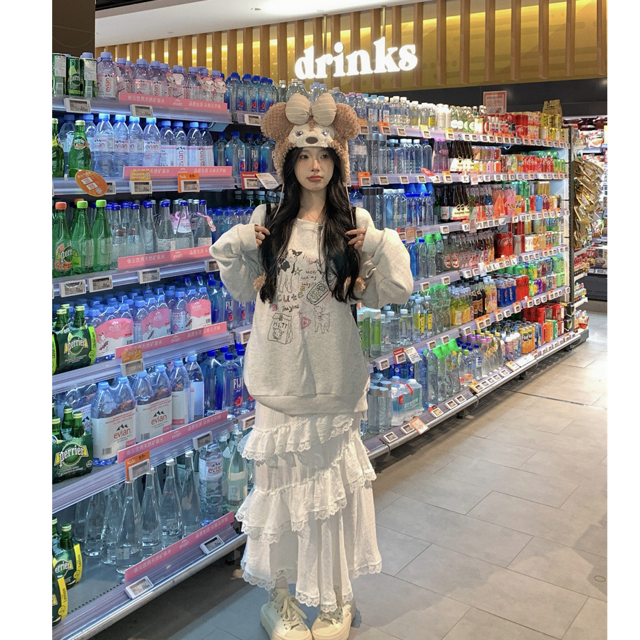 時尚套裝女卡通印花長袖衛衣秋季蕾絲邊長裙子蛋糕裙甜美風兩件套