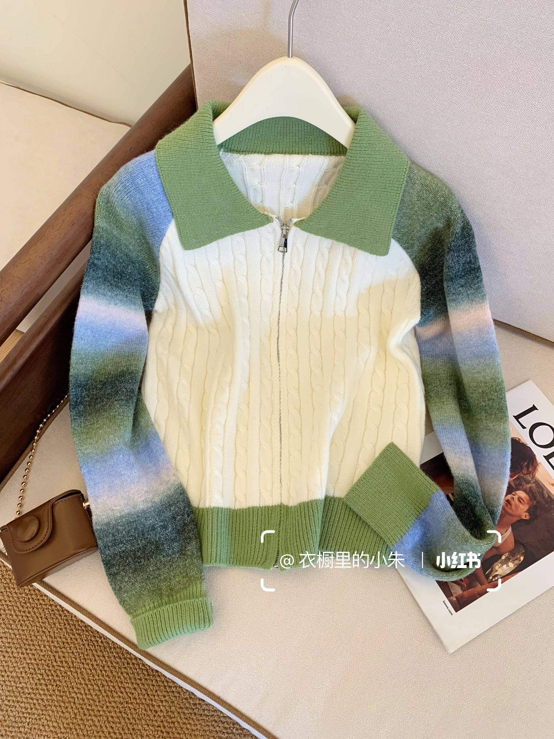 Contrast color splicing POLO collar sweater for women 2023 early autumn new zipper cardigan soft waxy high-end knitted sweater top