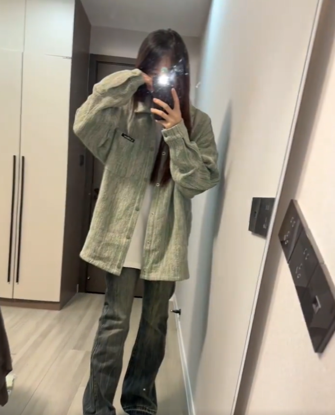 美式復古水洗綠色牛仔外套女秋冬新款寬鬆百搭學生情侶夾克上衣潮
