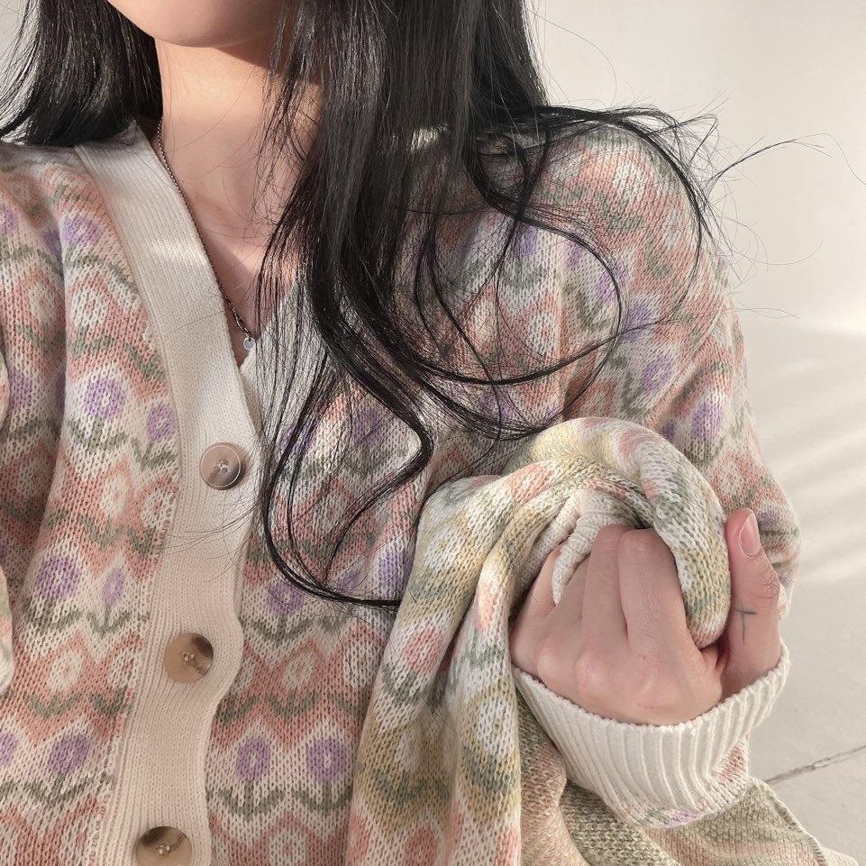 秋天鬱金香 少女感 浪漫V領針織毛衣 日系韓國復古寬鬆開衫外套