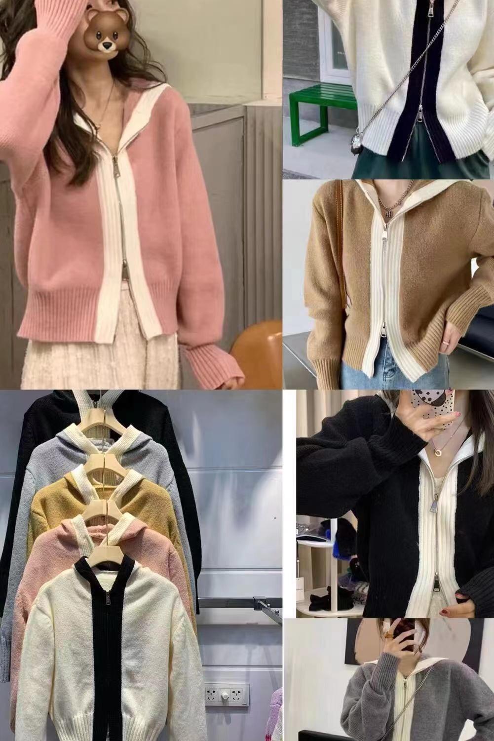溫柔風設計感雙拉鏈撞色連帽毛衣開衫女洋氣短款外套