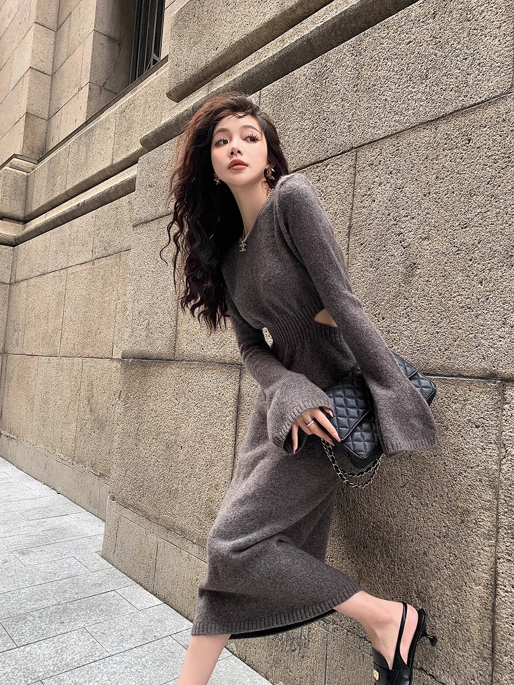 Lilylikes女主裙駝絨美羊毛露腰針織連衣裙女短款長款冬