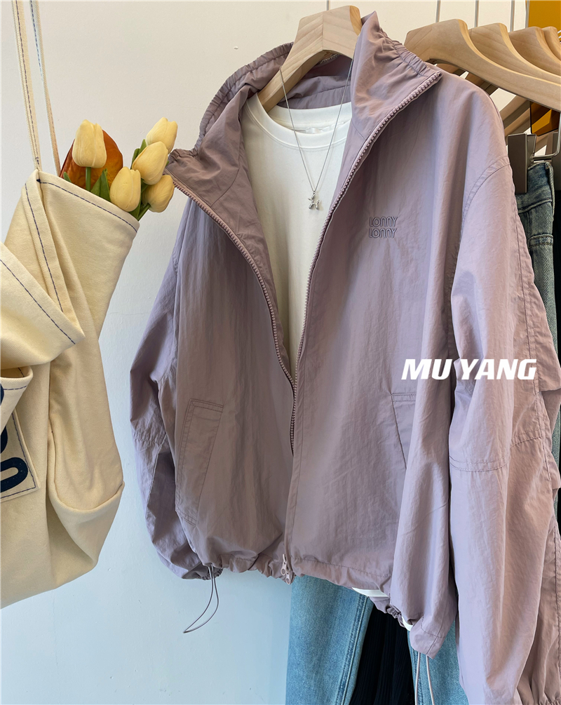 韓國紫色顯白可立領防曬衣女春季刺繡寬鬆外套
