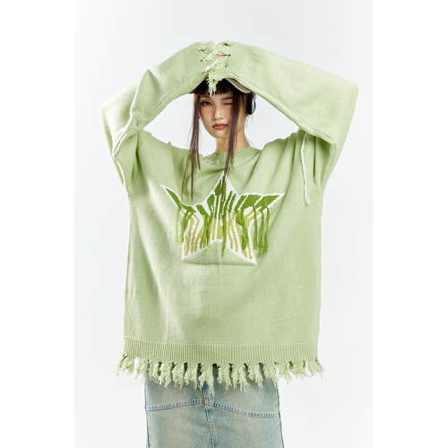 Green lazy style sweater for women autumn and winter  new five-pointed star tassel loose round neck sweater jacket