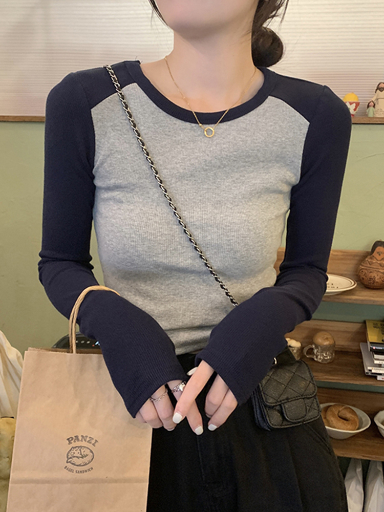 Original contrasting color inner bottoming shirt top for women in autumn slimming and sweet girl wearing long-sleeved T-shirt