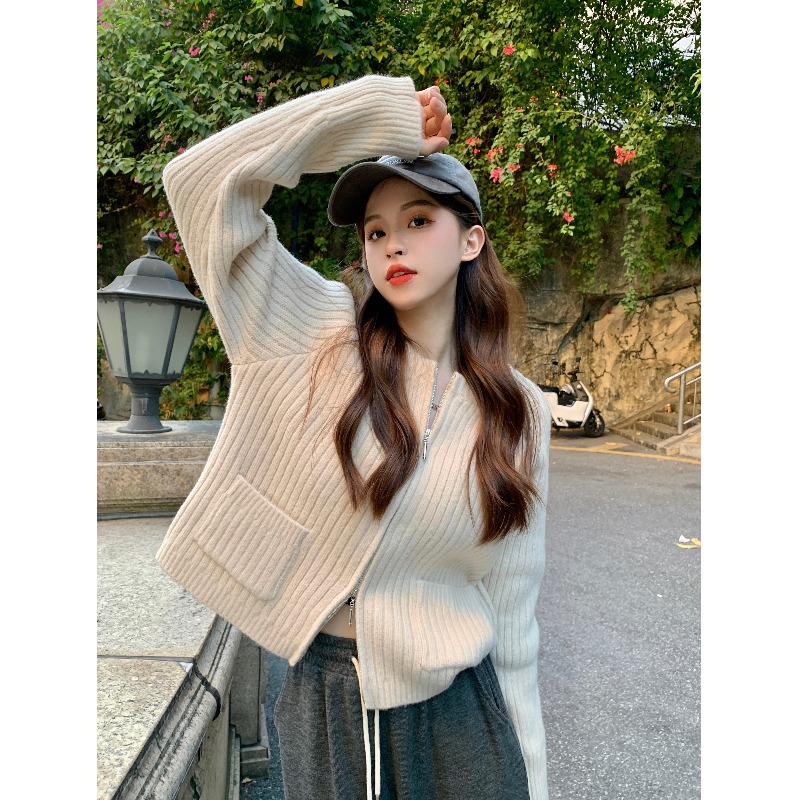 Korean style zipper sweater jacket for women spring and autumn 2023 new style knitted cardigan thickened top with high-end feel