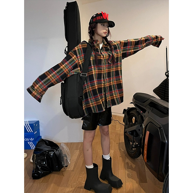 日系復古格子襯衫女秋季新款寬鬆撞色中長款長袖襯衣外套oversize