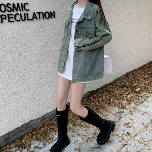 Real shot ~ Retro long-sleeved denim jacket for women  new design niche zipper BF loose top