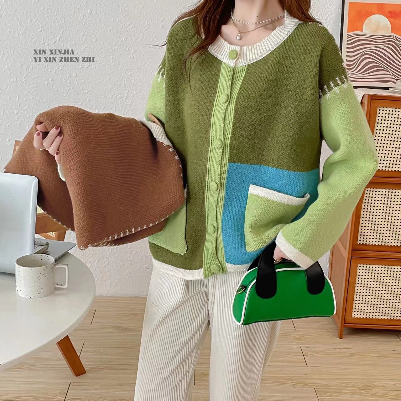 Contrast color splicing sweater jacket cardigan for women spring and autumn 2023 new design knitted cardigan trendy