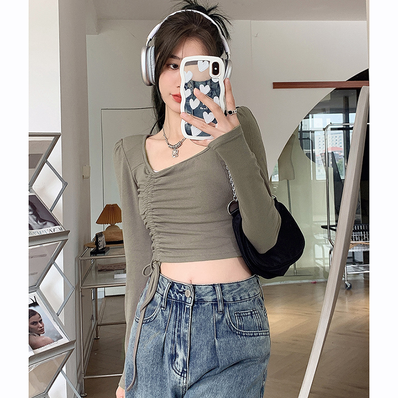 2023 Autumn New Korean Style Square Neck Top Slim Fit Long Sleeve Bottoming Shirt Women's T-Shirt Niche