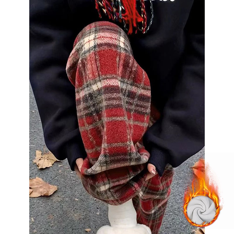 紅色加絨格子褲女秋冬季棉褲高腰垂感休閒窄版拖地毛呢直筒闊腿褲