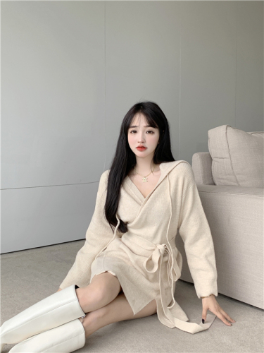 Real shot of elegant strappy sweater jacket long-sleeved sweater hooded dress