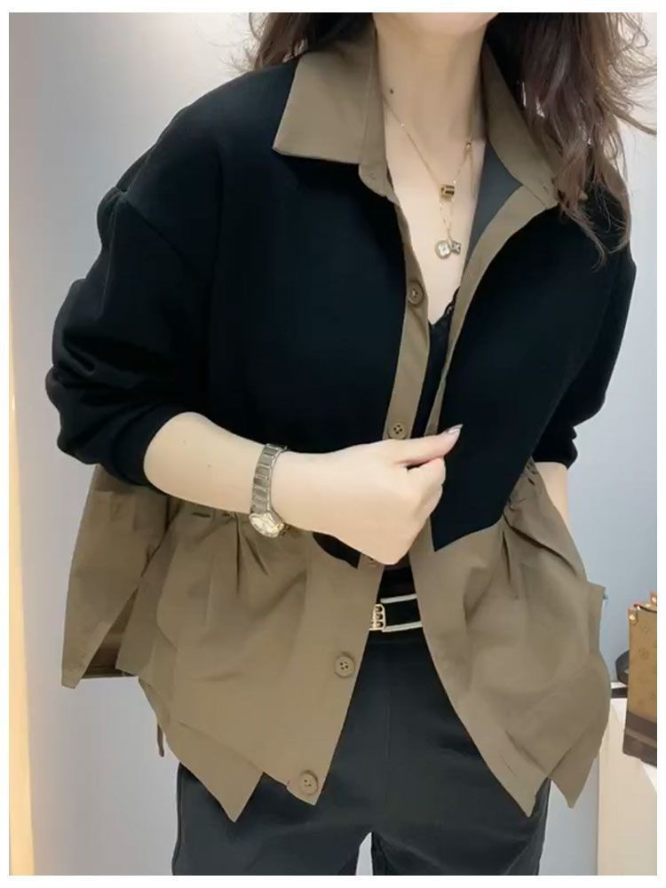 2023高檔撞色拼接女士外套春季新款洋氣polo領雙兜寬鬆休閒媽媽裝